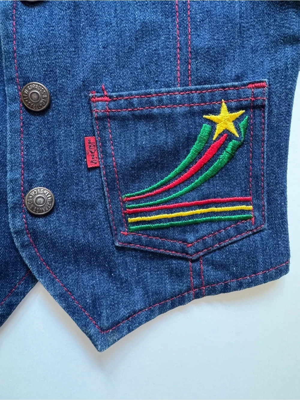 Levi’s Vintage Red Tab Blue Denim Vest Shooting Star Rainbow Embroidery, Size 4